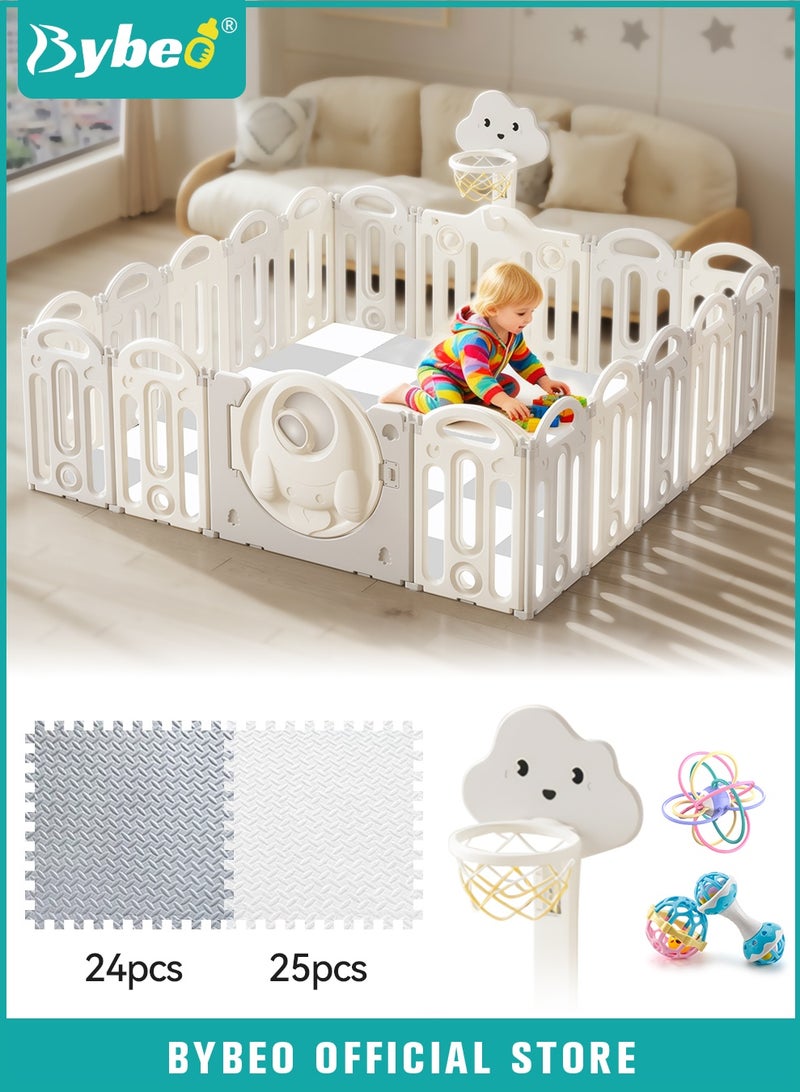 Bybeo Baby Playpen Fence with Playmat, Baby Playards for Toddlers with Gate and Game Board, Sturdy Infant Play Area, Toddler Activity Center with Basketball Hoop and 3PCS Baby Rattle Toys, Indoor & Outdoor Use 18 Panels - Image 1